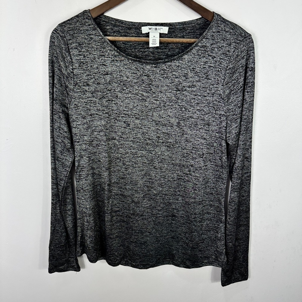 WHBM Top M Gray Metallic Shimmer Long Sleeve Y2K Glam Minimalist Party Basic‎